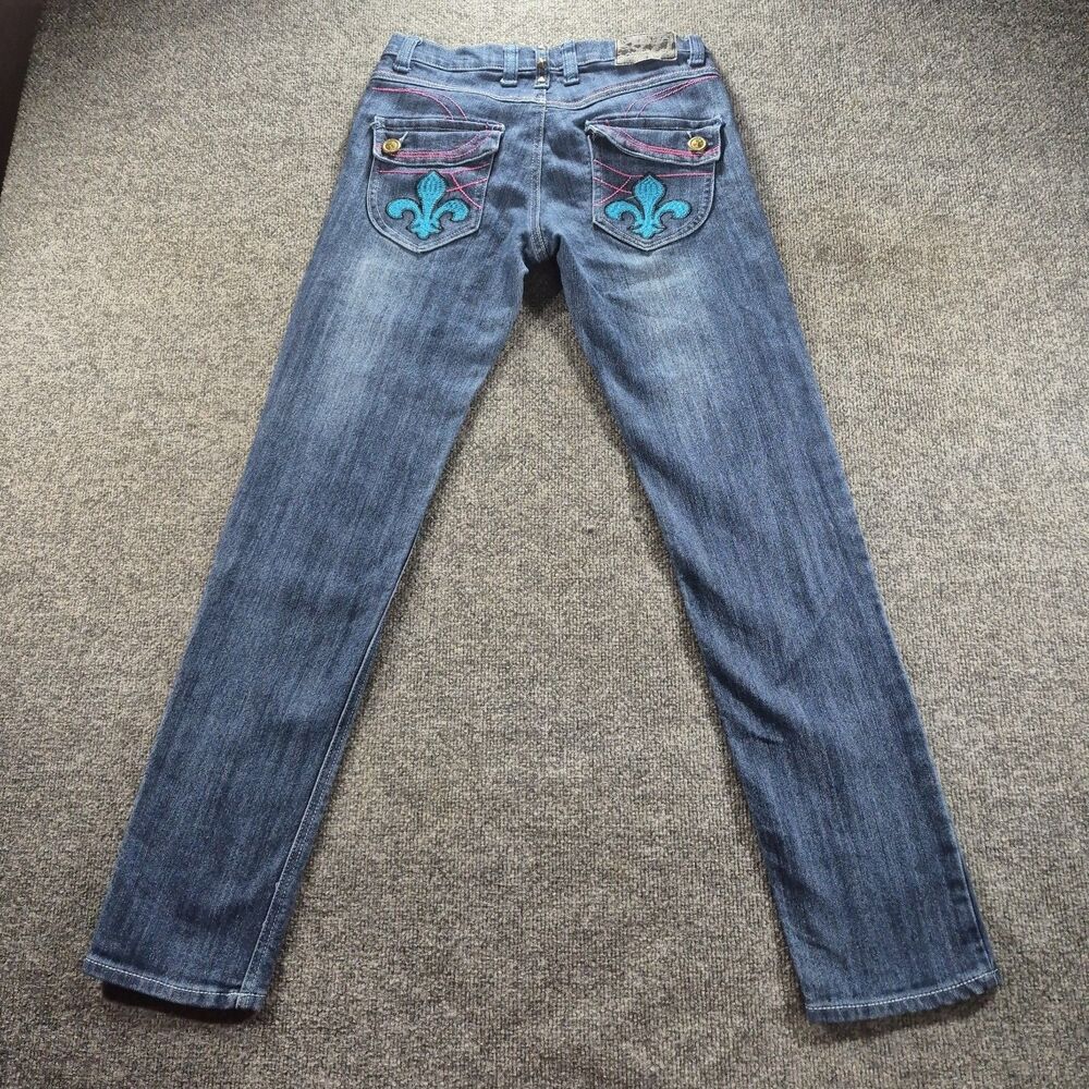 VTG Old Skool Jeans Y2K Embroidered Fleur De Lis Studded Flap Pocket Flare Sz 7
